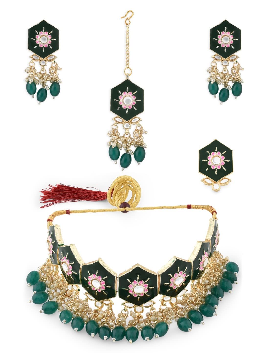 ZAVERI PEARLS Green & Pink Meenakari Kundan Choker Necklace Earring Maangtikka & Ring Set For Women-ZPFK12132 (B09RGHT229) Amazon Price History, Amazon Price Tracker