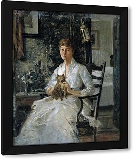 Julian Alden Weir 36x46 Huge Black Modern Framed Art Print Titled: Portrait of a Lady with a Dog (Anna Baker Weir) (Ca. 1890)