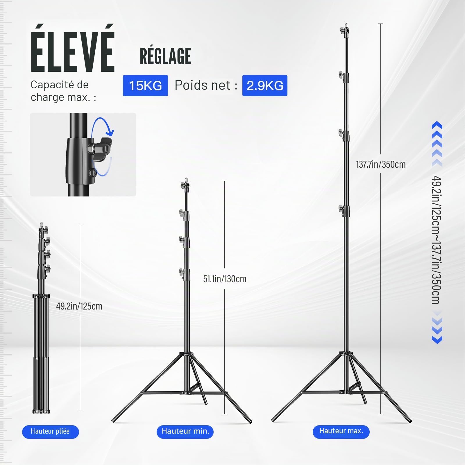 Soonpho 350cm Pro Trépied de Lampe Studio Support de Lampe à Ressort Light Stand Alliage d'aluminium Lampe trepied pour softbox,réflecteurs,Photographie