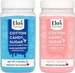 Cotton Candy Floss Sugar (2 Pack / 1lb x 2) | Blue Raspberry &amp; Bubble-gum| PRODUCT OF CANADA| Easy Candy Forming| Works With Almost All Machines| Reusable Jars to Lock in Freshness| Flavoured Floss Ideal for Snack, Desserts, Party, Carnivals and More| By Elo's Premium