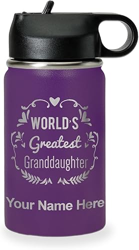 Miniatura 34 de LaserGram Botella de agua de doble pared con tapa abatible de 20 onzas con popote, la nieta más grande del mundo, grabado personalizado incluido