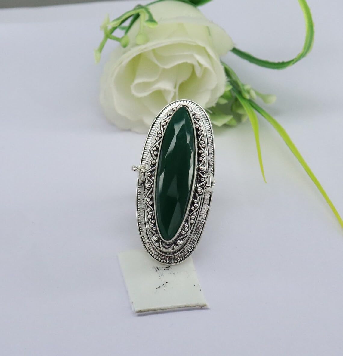 Vintage Poison Ring - 925 Sterling Silver Long Green Onyx Marquis Locket Pill Box Ring, Handmade Antique-Inspired Secret Compartment Jewelry for Women, Unique Gothic Aesthetic Accessory