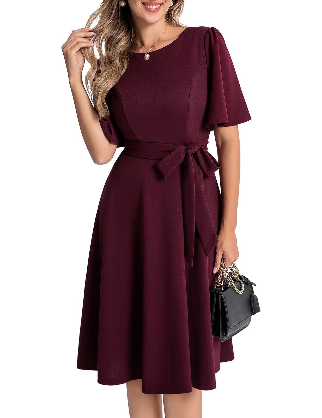 Bbonlinedress Vestido de cóctel de manga corta para mujer, estilo vintage, formal, para invitada de boda, iglesia, vestido modesto