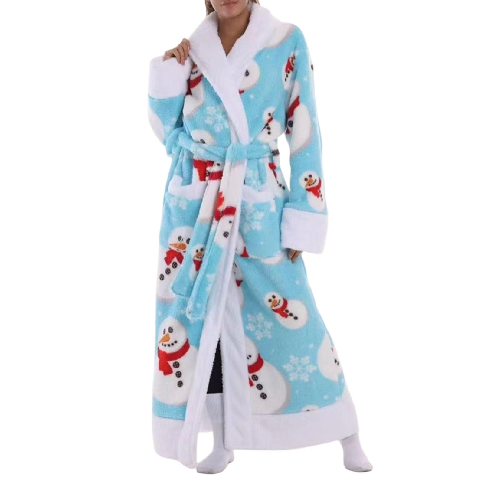 Generisch Accappatoio lungo in flanella con motivo pupazzo di neve, colletto a risvolto, per uomo e donna, caldo, unisex, con tasche in vita, per accoglienti serate di coppia
