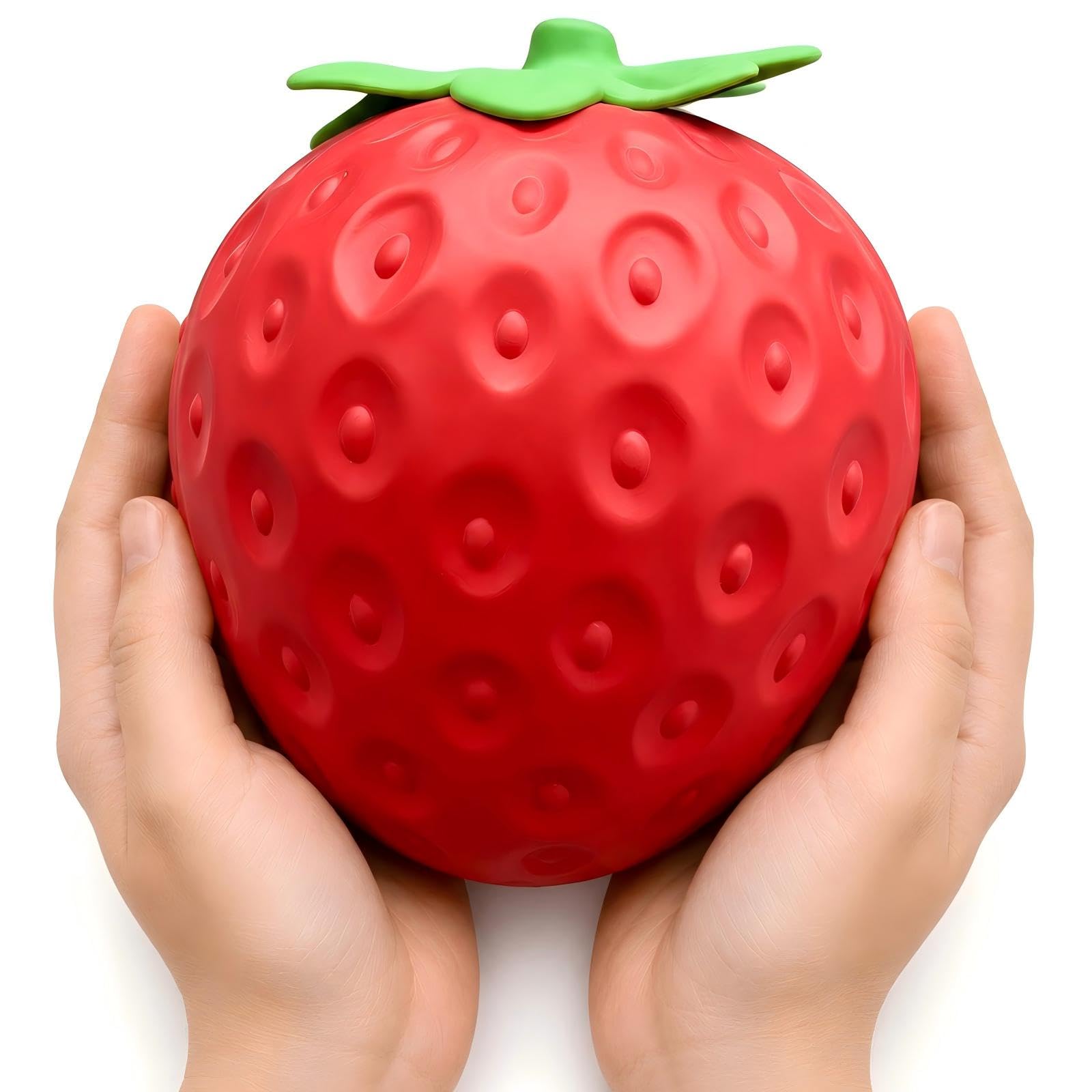 Plimto Giant Strawberry Squishy Toy, 16 x 14 cm Jumbo Strawberry Stress Ball, Slow Rising TPR Fruit Squeeze Toy, Soft Sensory Fidget Toy for Kids Adults, Desk Toy Birthday Gift