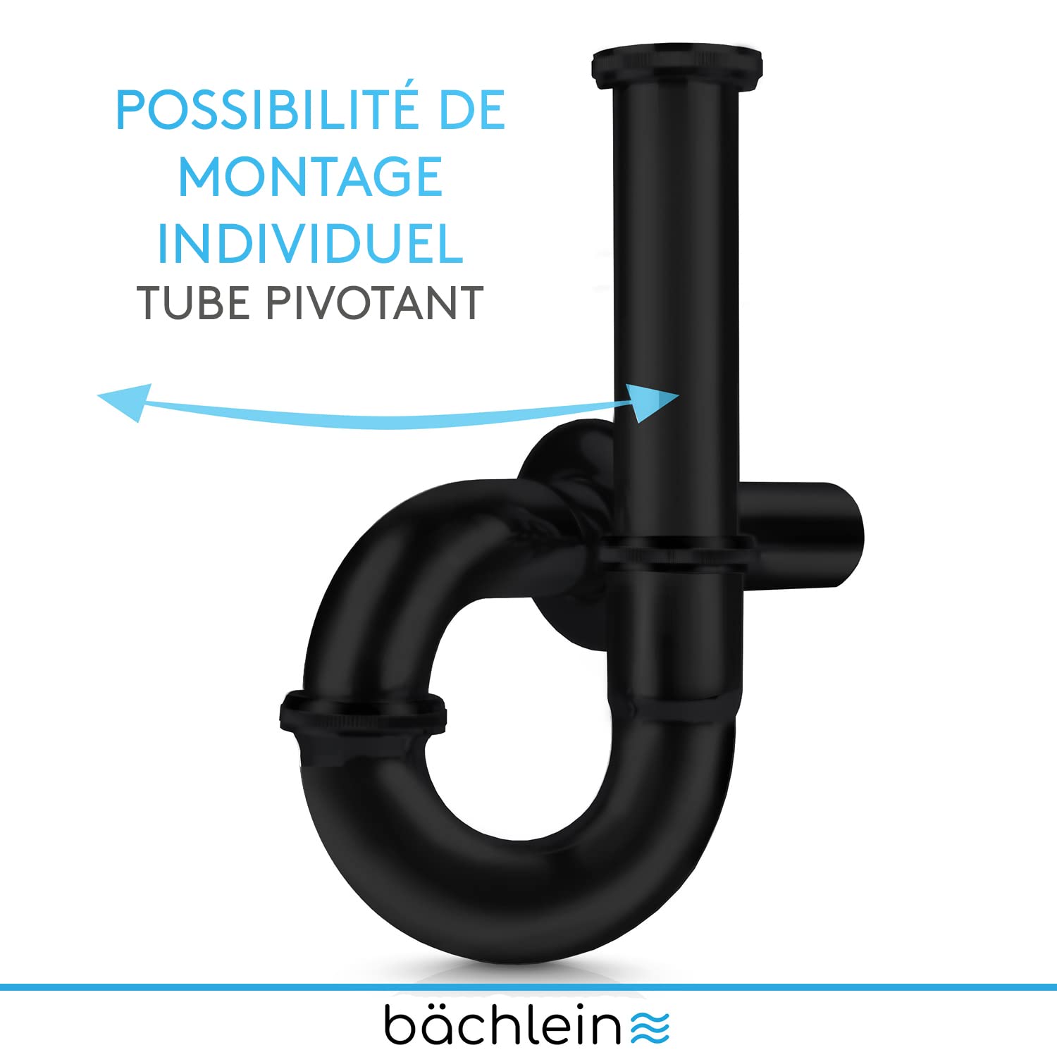 Bächlein Siphon Universel pour Lavabo et Évier (Extra Long) - Bonde de Lavabo Tubulaire - Siphon Adaptable - Anti-Odeur avec Orifice de Nettoyage + Mode d’Emploi - Mat Noir