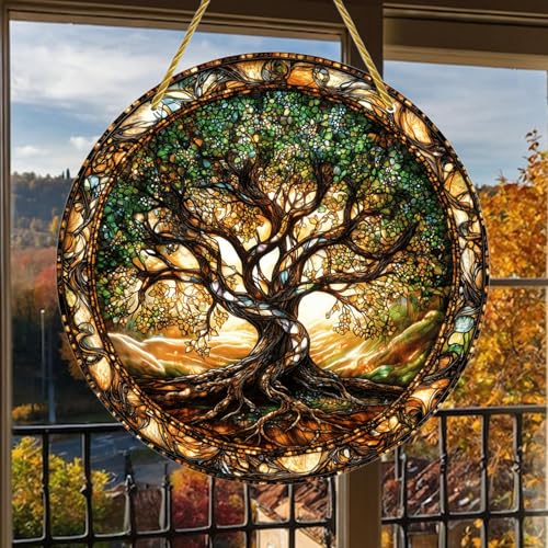 HWOLPEMS Baum des Lebens gefärbtes Acryl-Fensterpaneel, rundes Hängeornament für Schlafzimmer, Veranda, Büro, Garten