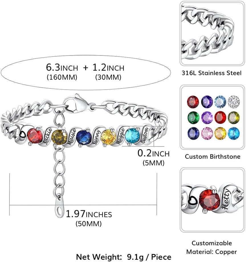 Custom4U Personalized Birthstone Bracelets for Women Silver/Gold Custom Cuban Link Chain Name Bracelet with 1-5 Birthstones Birthday Mother's Day Christmas Jewelry Gifts for Her Mom Wife Grandma - Image 5