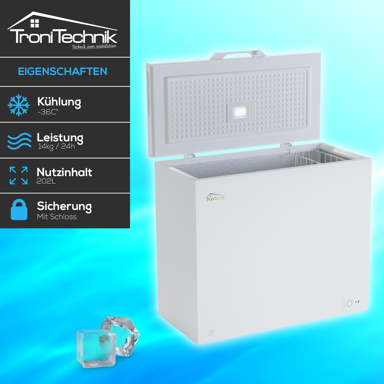 Tronitechnik BORGAR PRO Gefriertruhe Kühltruhe 210 Liter 223kWh/Jahr 85cm hoch LED-Licht Rollen Kindersicherung Weiß