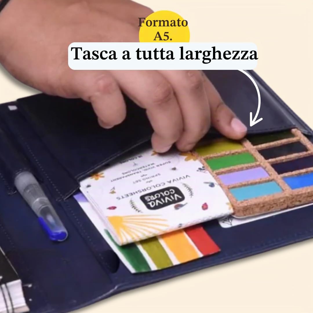 Viviva VV276054 Watercolor Travel Set A5 in ecopelle, custodia con 16 acquerelli vivaci, pennello serbatoio acqua, penna nera da 0,5 mm e album da disegno con 24 fogli da 200 g/m², formato A5
