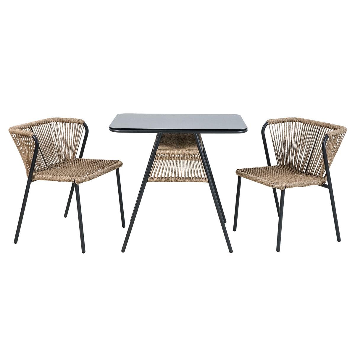Megashopitalia Set Bistrot da Giardino Richiudibile Due Poltrone Tavolino con Piano in Vetro Impilabili a Scomparsa Salvaspazio