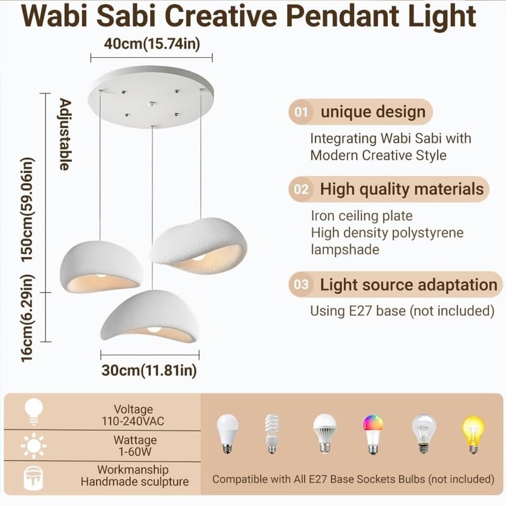 Lustre Suspendu Wabi Sabi E27 Moderne Lampe 3 Ampoules Blanc Design Irrégulier Hauteur Réglable pour Salle À Manger Salon Chambre Cuisine Café Éclairage Îlot Plafonnier(A)