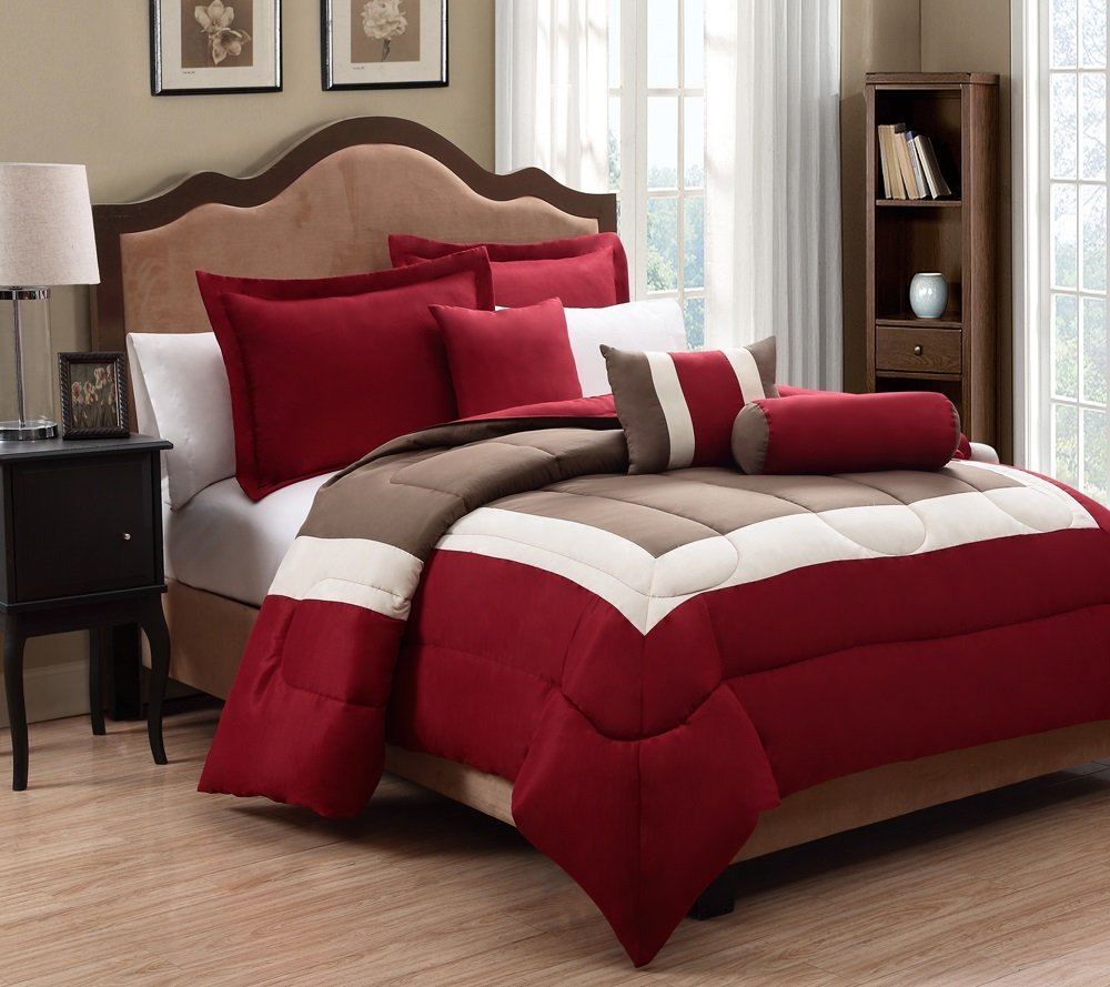 KingLinen 10 Piece Queen Tranquil Red and Taupe Bed in a Bag w/600TC Cotton Sheet Set
