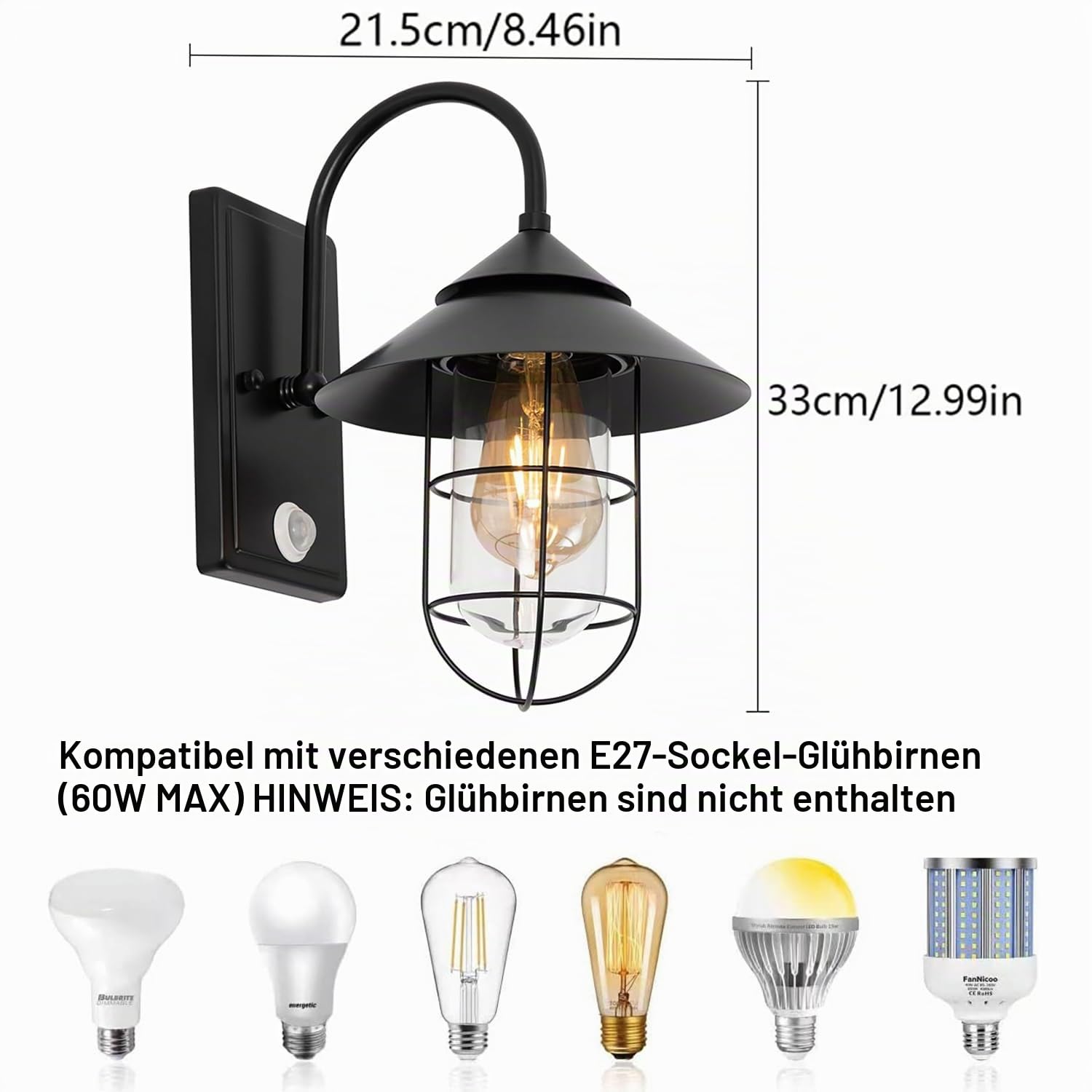 Außenlampe mit Bewegungsmelder, Vintage Wandleuchte E27, IP54 | Schwarze Metall-Außenleuchte mit Glasschirm und E27-Fassung für Hauswand, Eingang, Terrasse Ohne Leuchtmittel max. 60 W