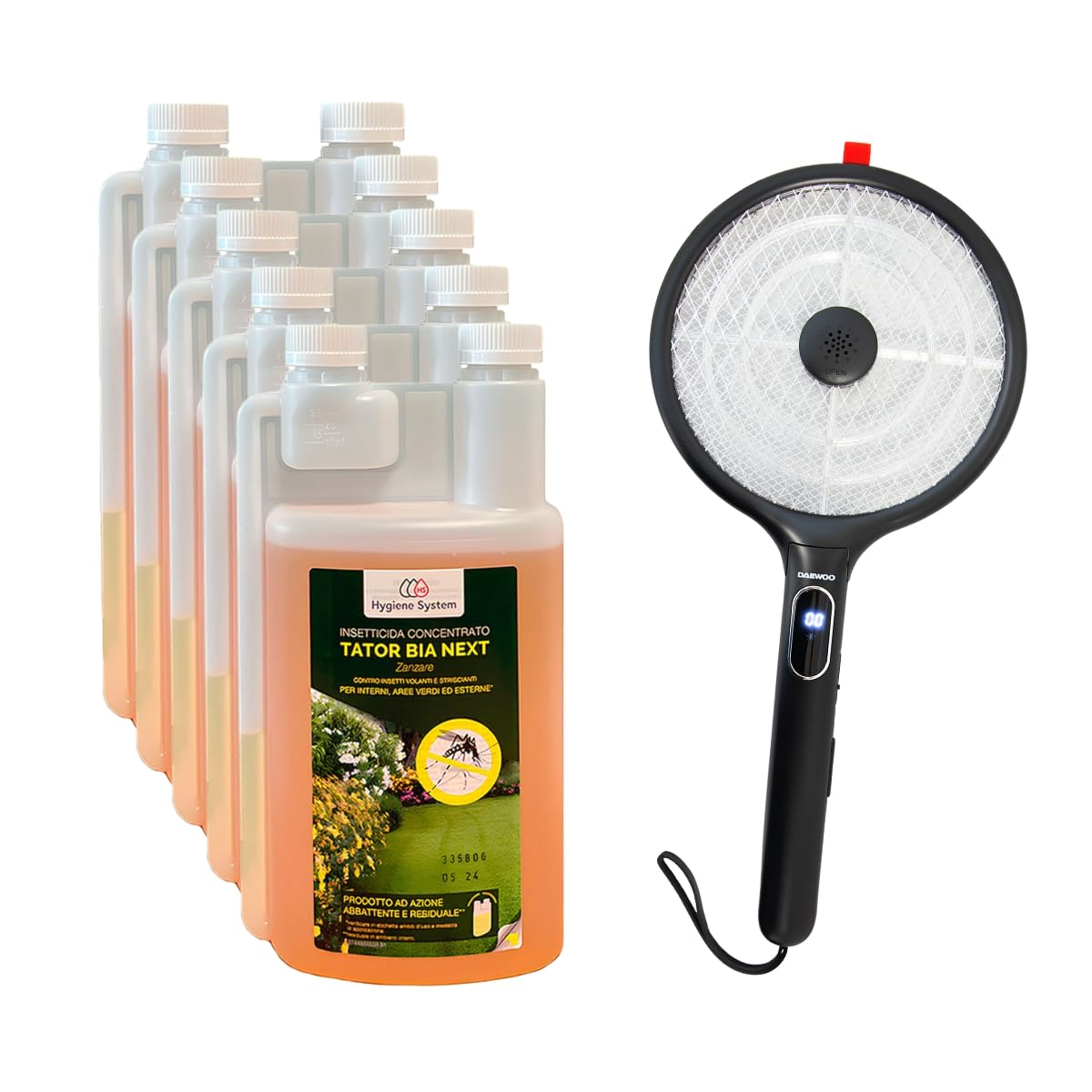 Hygiene System Kit AntiZanzare Esterno con Insetticida Tator BIA Next 1L x5 + Racchetta USB DAEWOO Omaggio – Per Giardini, Terrazze, Porticati e Balconi – Colore Nero