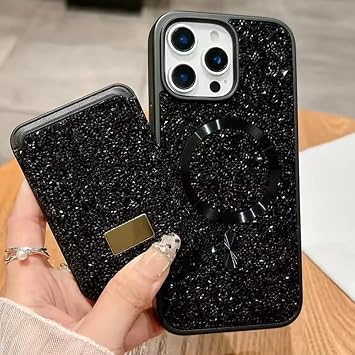 Coverzone iPhone 13 ile uyumlu K l f Parlak Elmas Desen Ta l  MagSafe ile uyumlu Magnetik Kartl k Elegance Kapak  phone 13 i in kilif Kablosuz  arj Diamond Wallet Case 13 Black