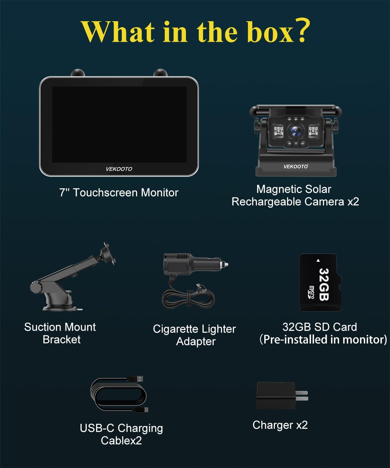 VEKOOTO VK7Pro 2 Magnetic Solar Wireless Backup Camera with 7'' IPS Touchscreen, 15,800mAh Rechargeable, No Wiring, HD1080P Night Vision Wireless Backup Camera for Trucks, RV, Trailer, Camper