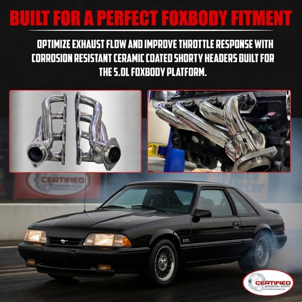 Ceramic Coated Shorty Headers for 1979-1993 Ford Mustang 5.0 302 V8 Fox Body GT LX Direct Bolt On Exhaust Manifold Replacement Includes Copper Header and Collector Gaskets Hardware SBF OEM Style Fit