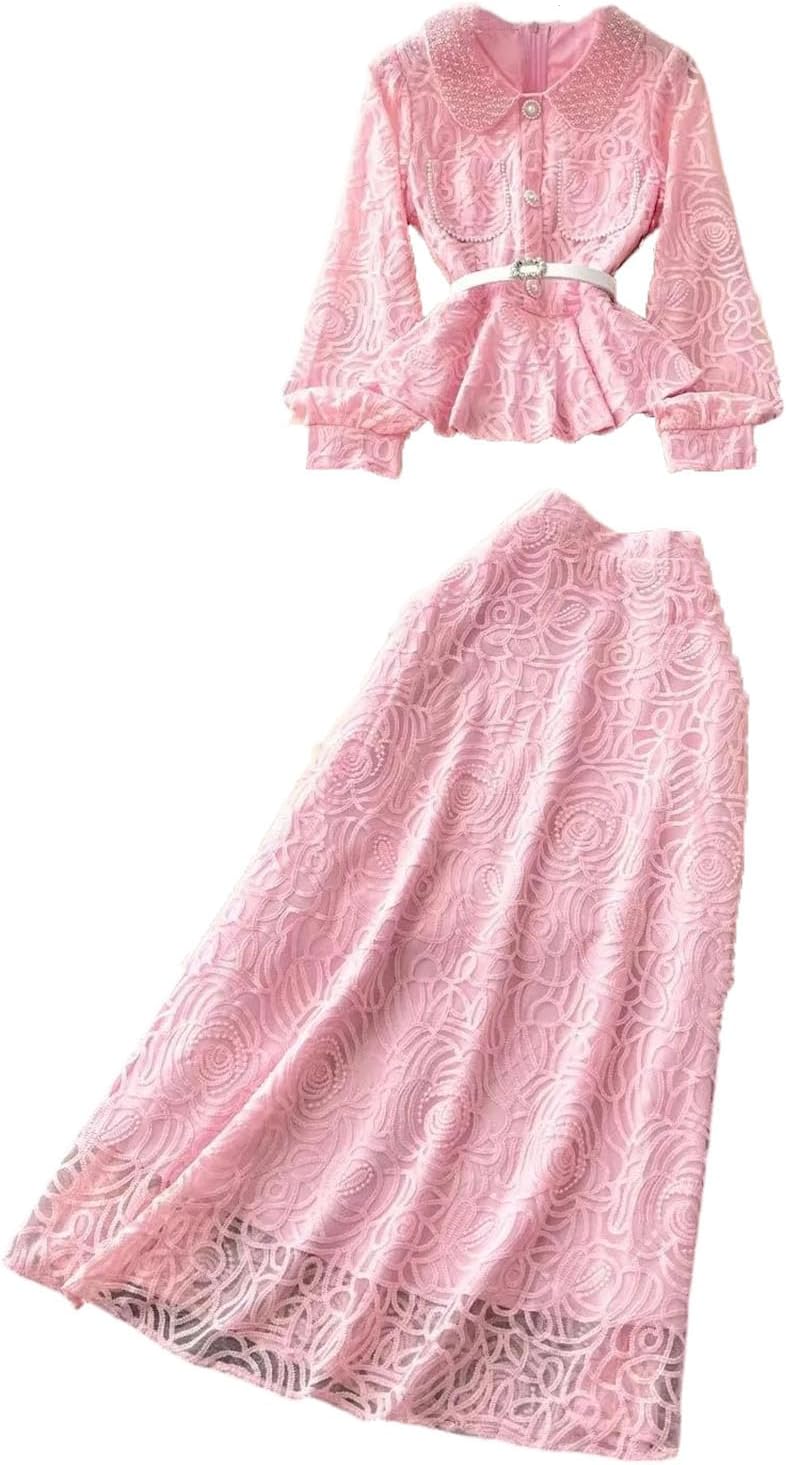 Women's Formal Lace Two Piece Set Pshort Sleeve Button Down Embroidery Blouse Above Knee Skirt Evening