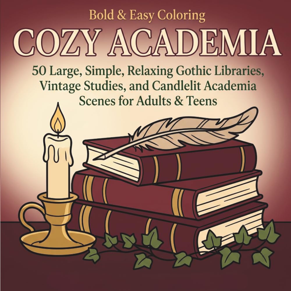 Bold & Easy Cozy Academia: A Simple Coloring Book for Adults & Teens: 50 Large, Simple, Relaxing Gothic Libraries, Vintage Studies, and Candlelit ... with Thick Bold Lines (Bold & Easy Coloring)