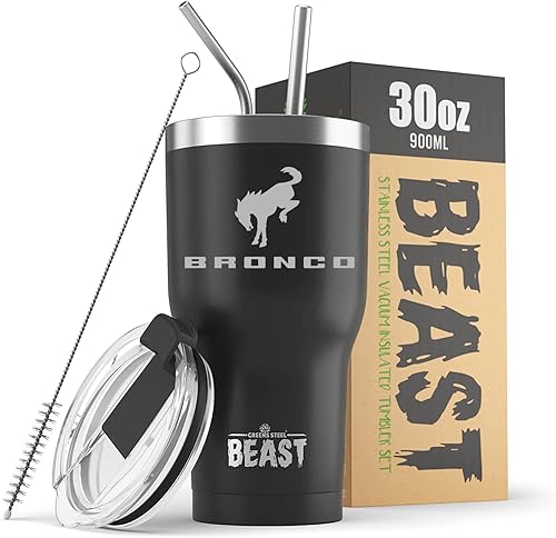 Ford Bronco - Vaso aislado de acero inoxidable de 30 onzas con tapa, 2 popotes, cepillo y caja de regalo, 4 x 4, color negro