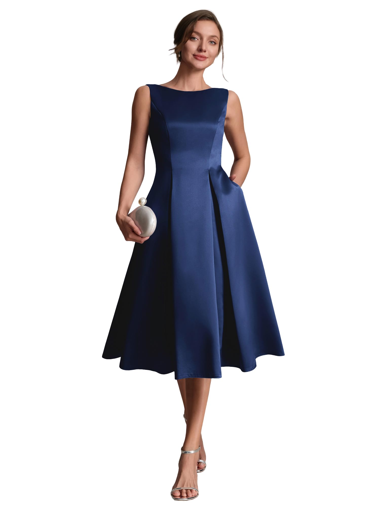 Ever-Pretty Vestito Donna Elegante Collo a Barchetta Senzamaniche Satin Midi Gonna a Ruota EG02775