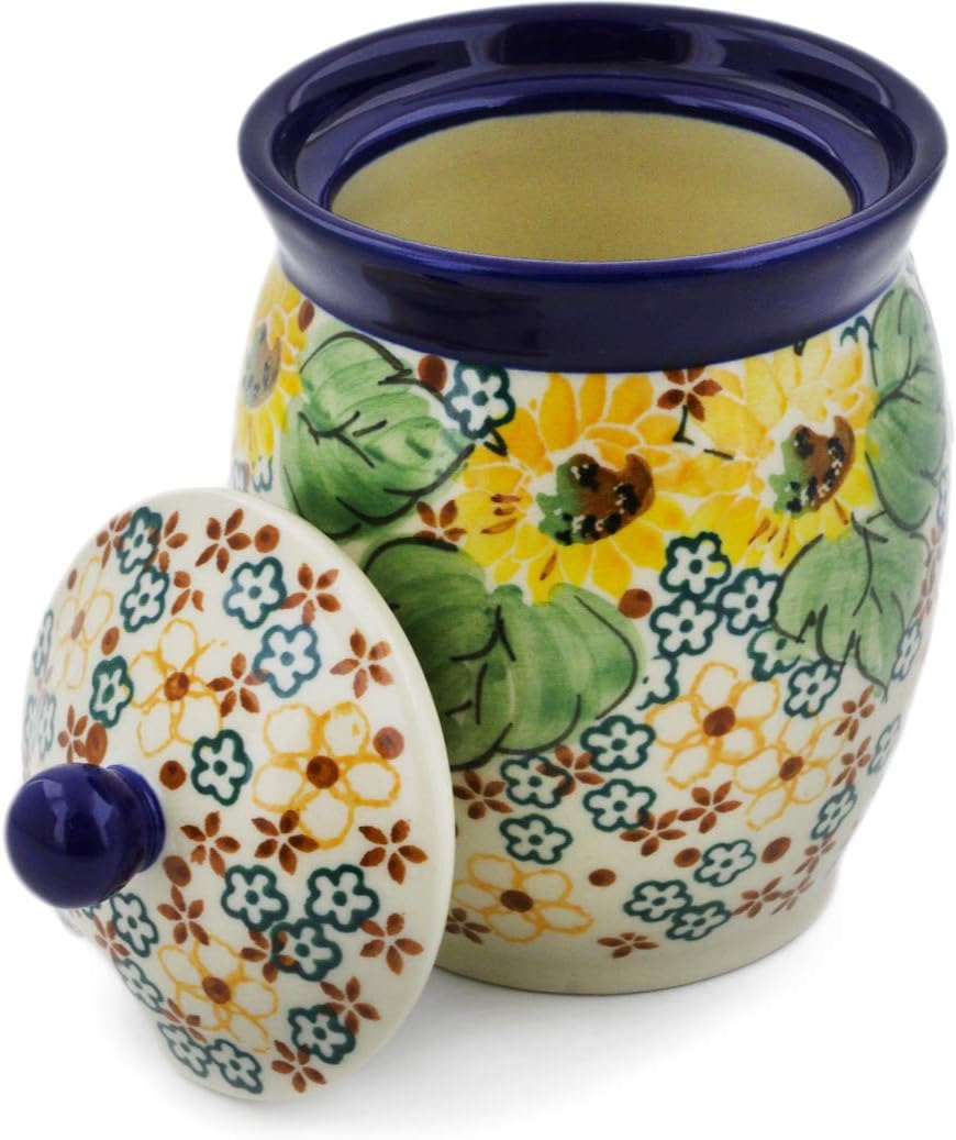 Polmedia Polish Pottery Jar with Lid with Opening UNIKAT - Country Sunflower Pattern Handmade in Boleslawiec Poland by Ceramika Artystyczna + Certificate of Authenticity