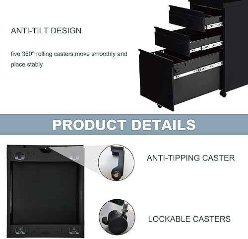 Miniatura 6 de Yiguo - Archivador móvil de 3 cajones con cerradura, archivador de oficina con ruedas debajo del escritorio, archivador de metal con ruedas para