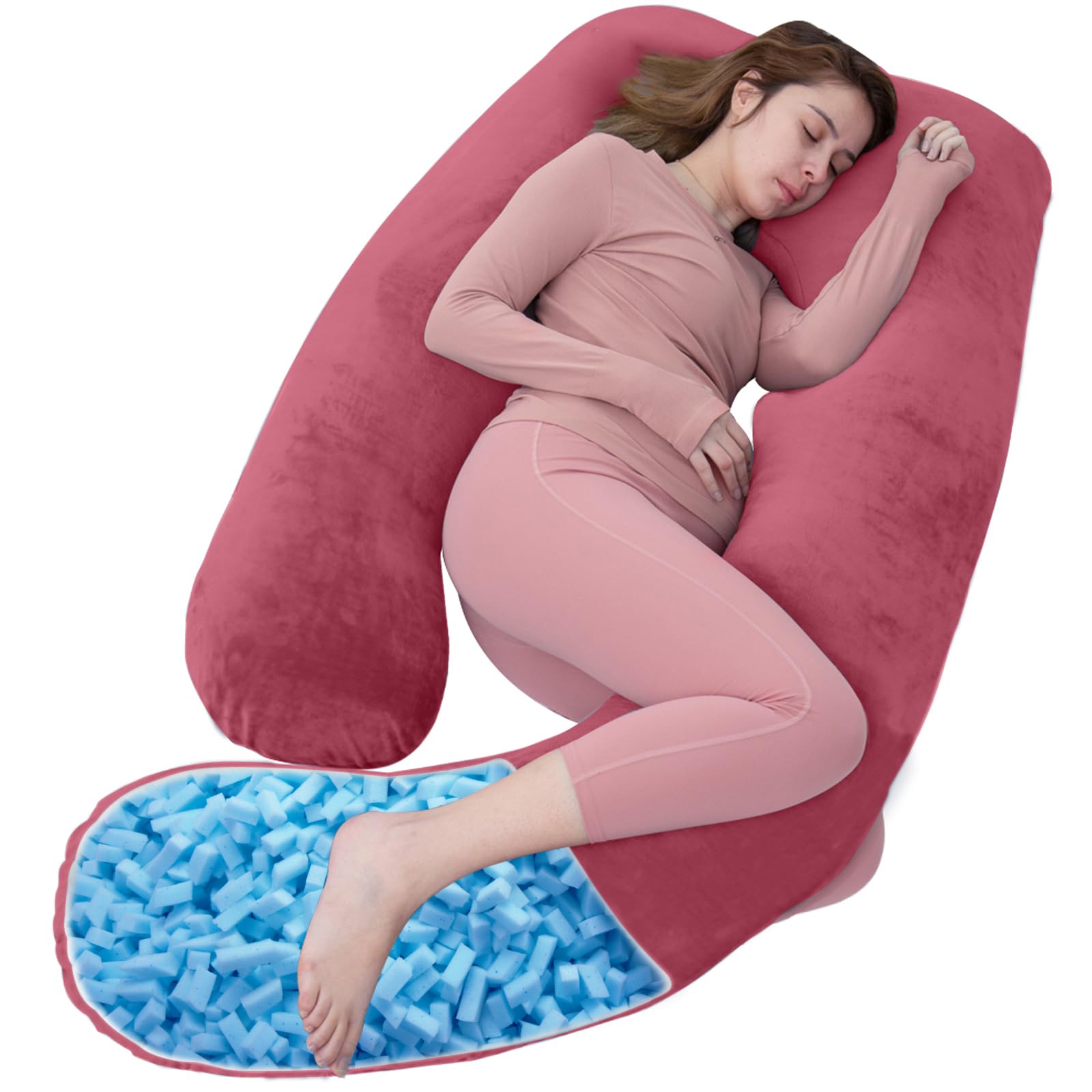 As Awesling Women's Red Shredded Memory Foam Pregnancy Pillows, Memory Foam Filling U Shaped Pregnancy Pillow For Sleeping, U Shaped Body Pillow, Maternity Pillow For Pregnant With Velvet Cover (Red)