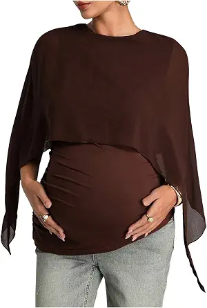 SweatyRocks Women's Maternity Mesh Blouses Ruched Asymmetrical Flowy Dressy Casual Cape Tops