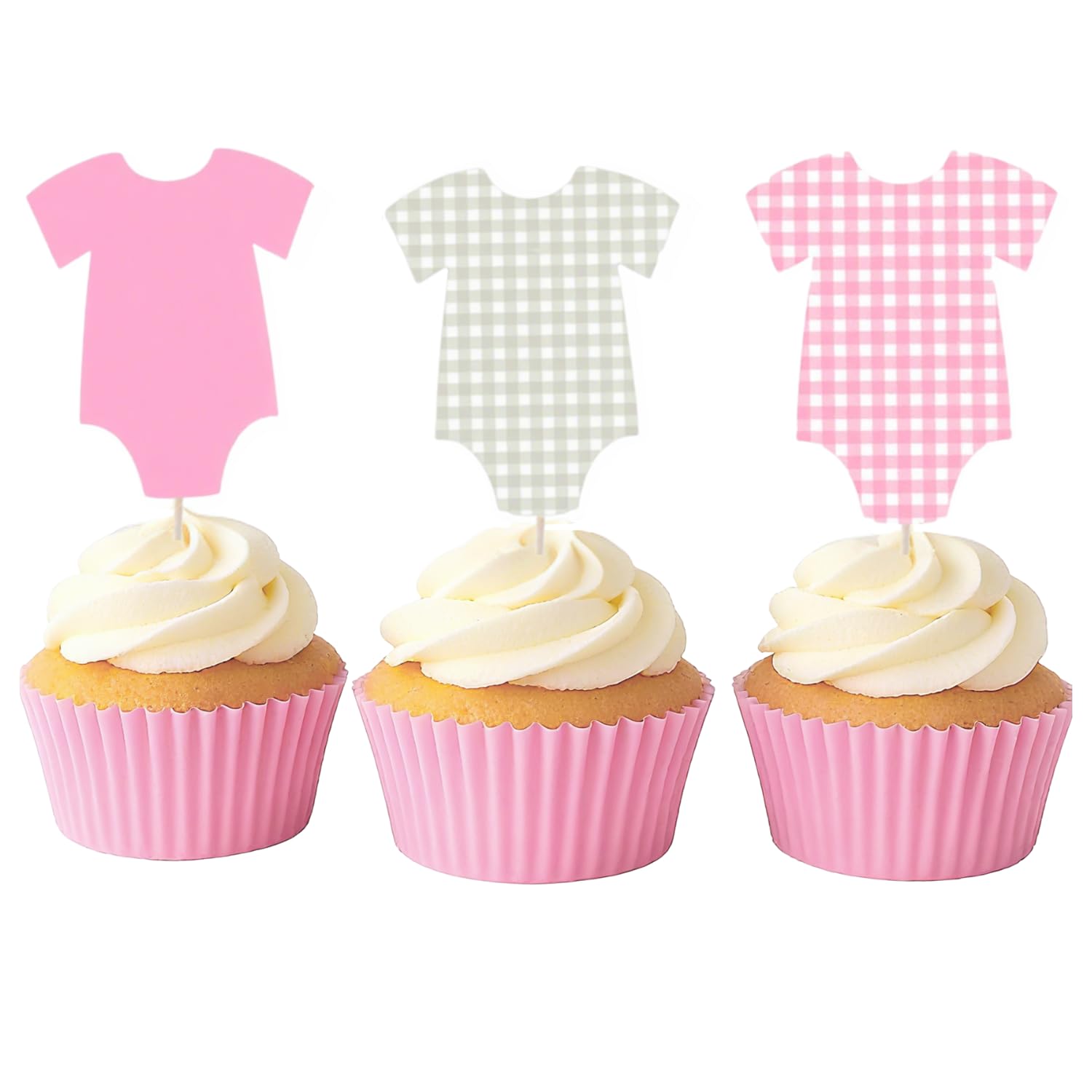 ALISSAR 36 Pcs Pink Gingham Cupcake Toppers - Baby Shower Decorations for Girls, Bodysuit & Cupcake Toppers, Diaper Cake Decor, Gender Reveal Party Supplies