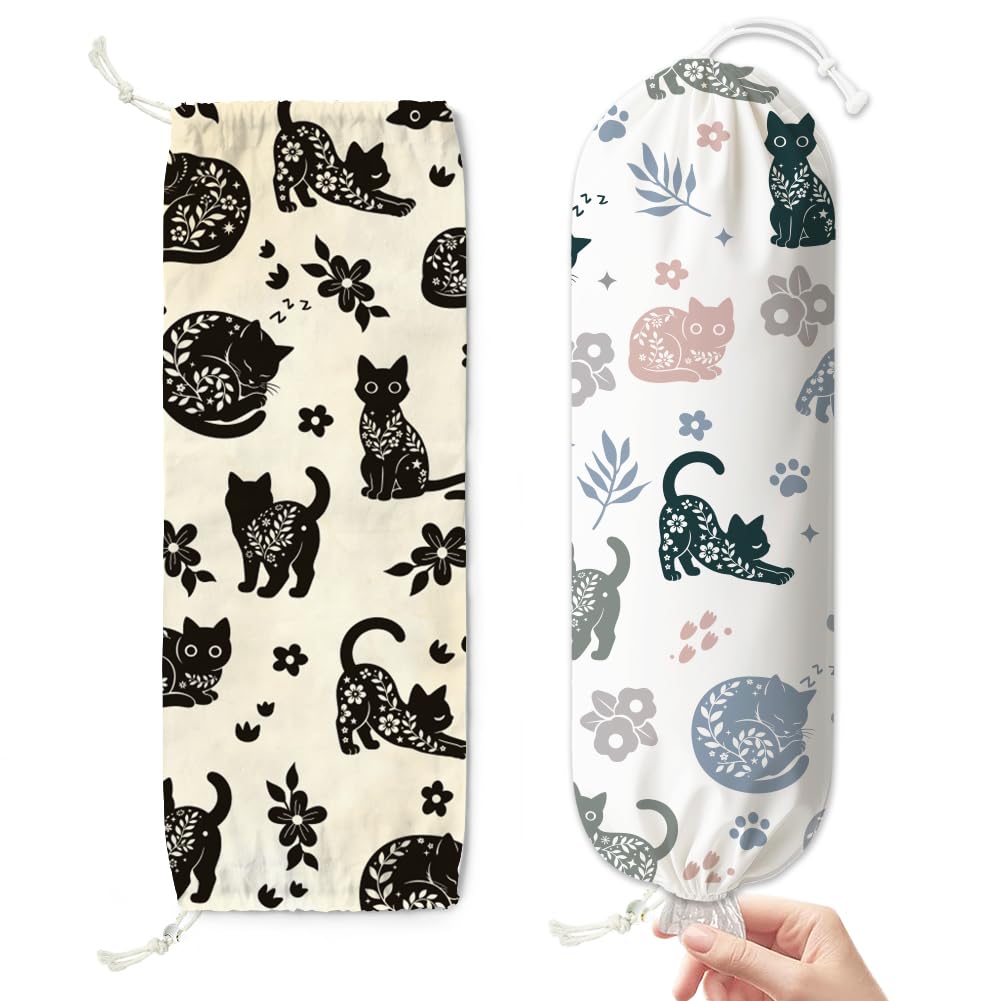 Doodlream 2PCS Flower Cat Plastic Bag Holder, Boho Kitty Hanging Grocery Bag Organizer with Drawstring Bottom, 58.5 x 23 cm Kitchen Large Storage Bags Dispenser Canvas Reusable Washable
