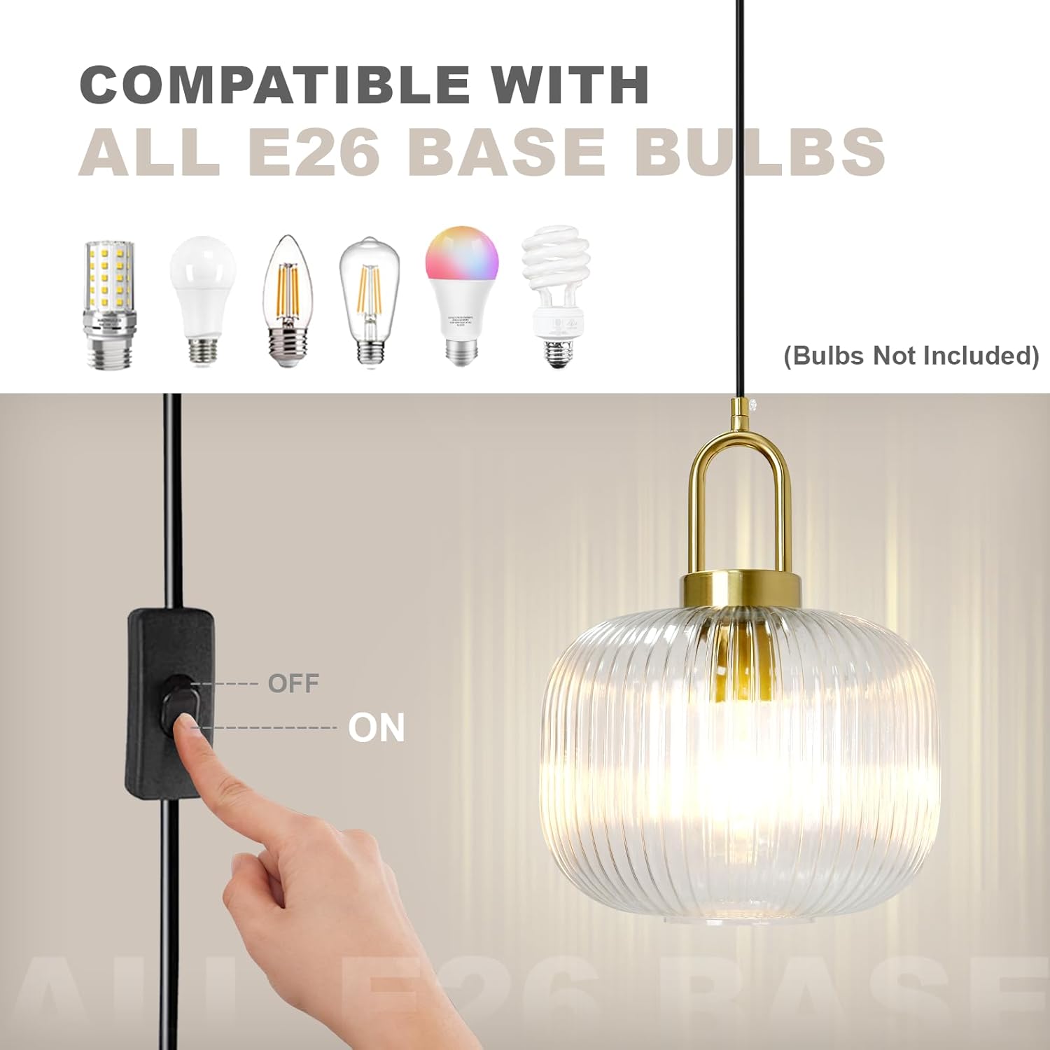 Modern Plug in Pendant Light, Large Glass Globe Hanging Pendant Lamp with 14.75Ft Cord, Mid Century Gold Hanging Chandelier for Dining Room Kitchen Island Bedroom Living Room
