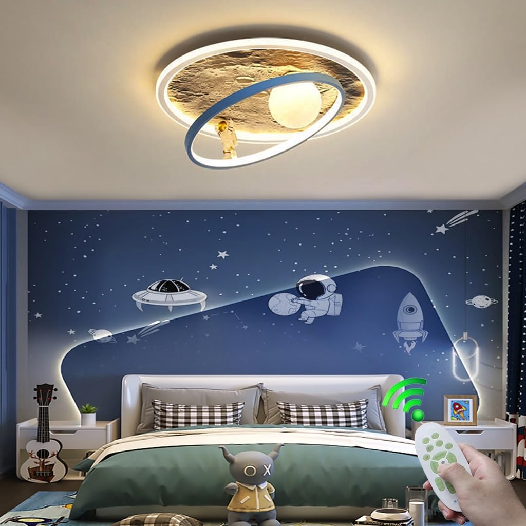 RuiRfh Ceiling lamp modern LED creative dimmable children's room glass moon lampshade astronaut design Ceiling Light with remote control boy and girl room lamp dining room living room metal lighting (