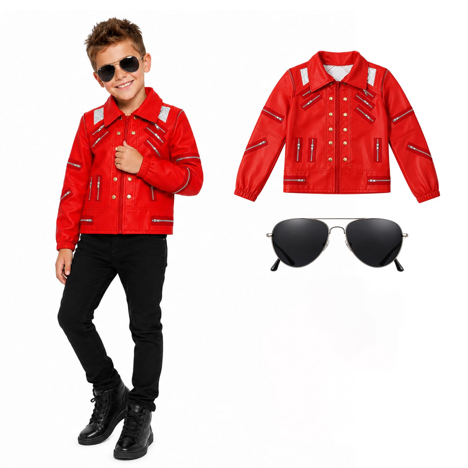 shyhand Deluxe Pop Star Red jacket Kids, 80s Rockstar Costume Fancy Dress Disco Musician Outfits Sunglasses for Performance Party (Red Jacket, Medium)