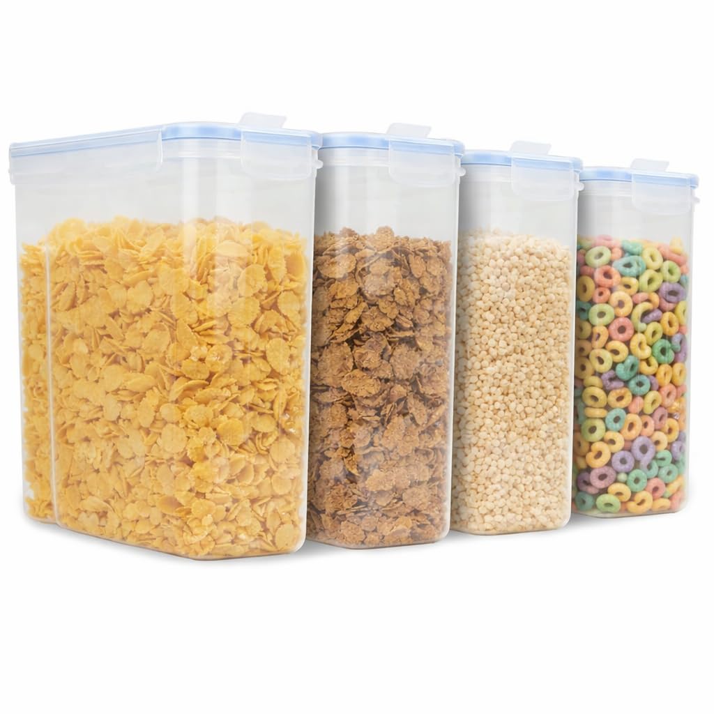 Cereal Containers | 4 Litre Food Containers | Airtight Food Storage Dispenser | Easy Pour Lid | Fresh Seal Clips | Ideal for Cornflakes, Pasta, Rice, Flour | Set of 4 - Labels & Pen Included