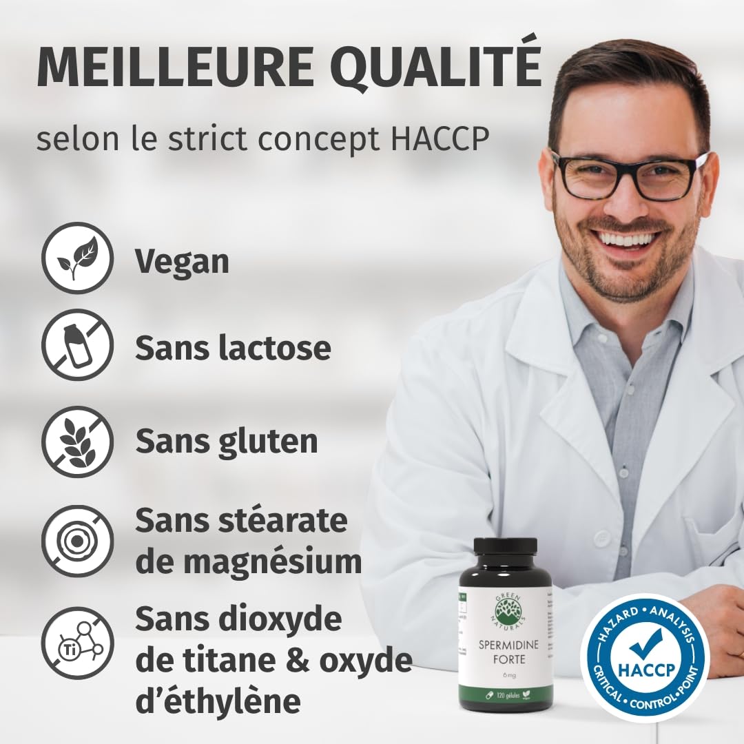 Spermidine Forte – Hautement dosé : 6 mg par capsule d'extrait de germe de blé – Testé en laboratoire – 120 gélules Green Naturals®