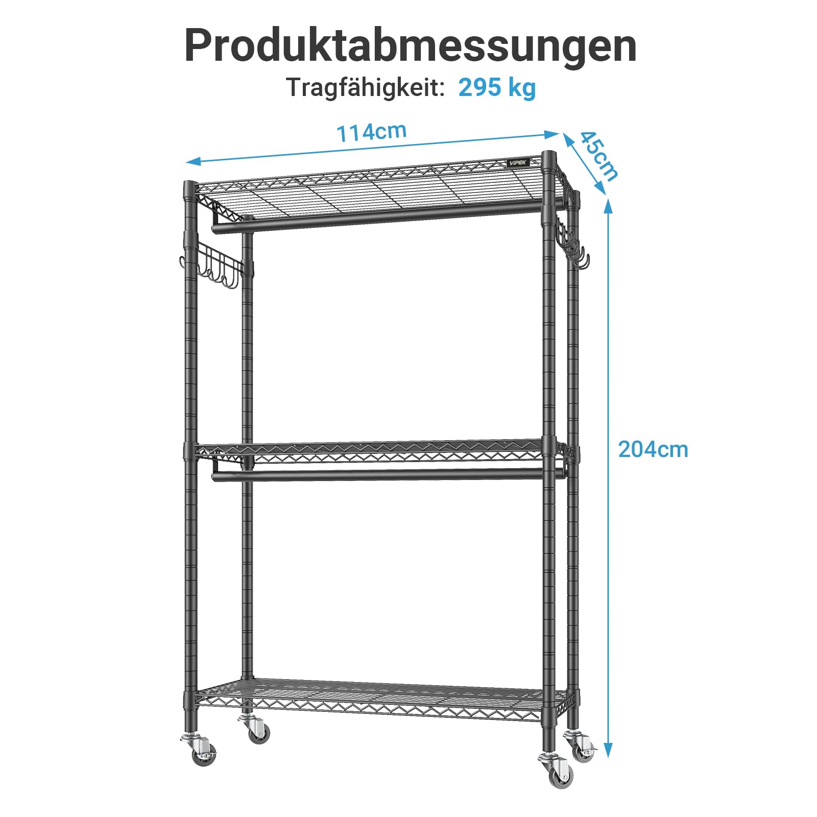 VIPEK R2 Plus Metall-Kleiderständer auf Rollen, Doppelstange & verstellbare Böden, 114 x 45 x 204 cm, freistehend, max. Belastung 295 kg, Schwarz