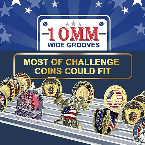 Challenge Coin Display Stand 5 Row Acrylic Holder Rack Case Holds 28 Coins Shelf, Great for Unusual Shaped Challenge, Oversized Odd Shaped Military, Thicker, Oversized Battalion Shield Coin with Angle