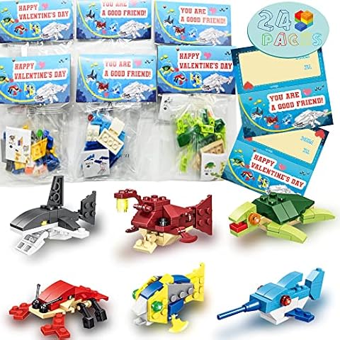 WODMAZ Valentines Day Cards with Sea Animal Building Blocks, 24 Packs Valentine Gift Ocean Building Toys Set for Kids Classroom Party Favor, Valentine Gift Exchange, Valentine's Greeting Cards Cover