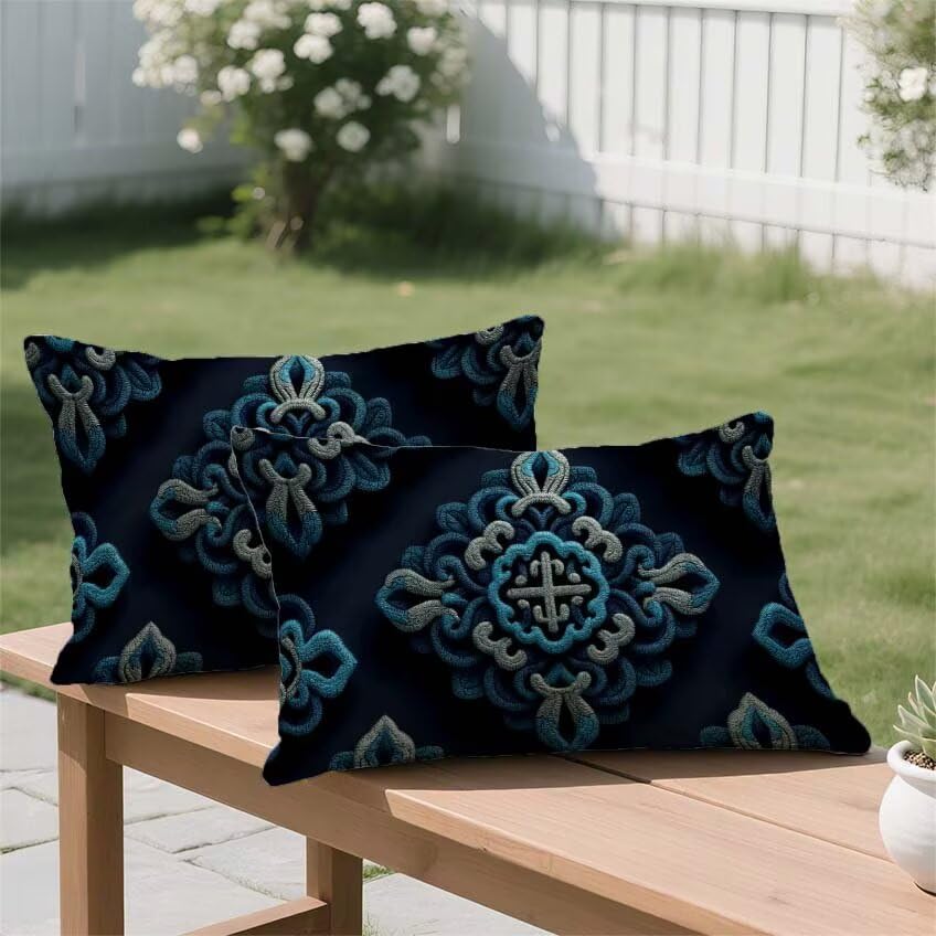 Housse de coussin 50x70cm rectangulaire marine en lin imperméable - 3