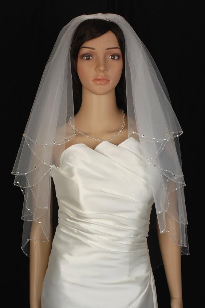 Bridal Veil White 2 Tiers Elbow Length Scallop Edge With Beads and Rhinestones