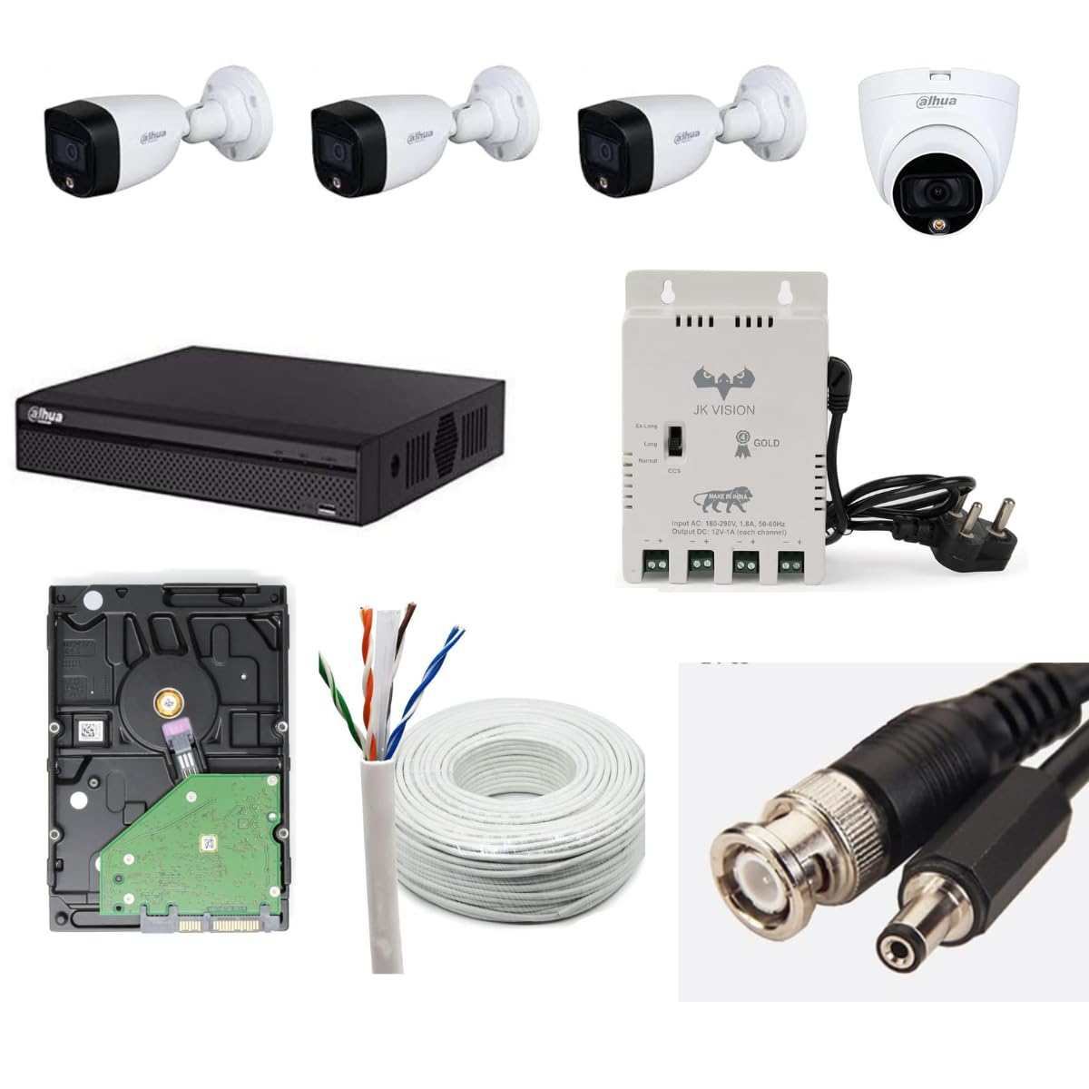 Dahua 2MP with Color HD CCTV Camera Full Set, 3 Bullet, 1 Dome, 4 Channel DVR, 4 Channel JK Vision Power Supply, 1TB Hard Disk, 90 Meter Cable, BNC/DC Connector-picture-31