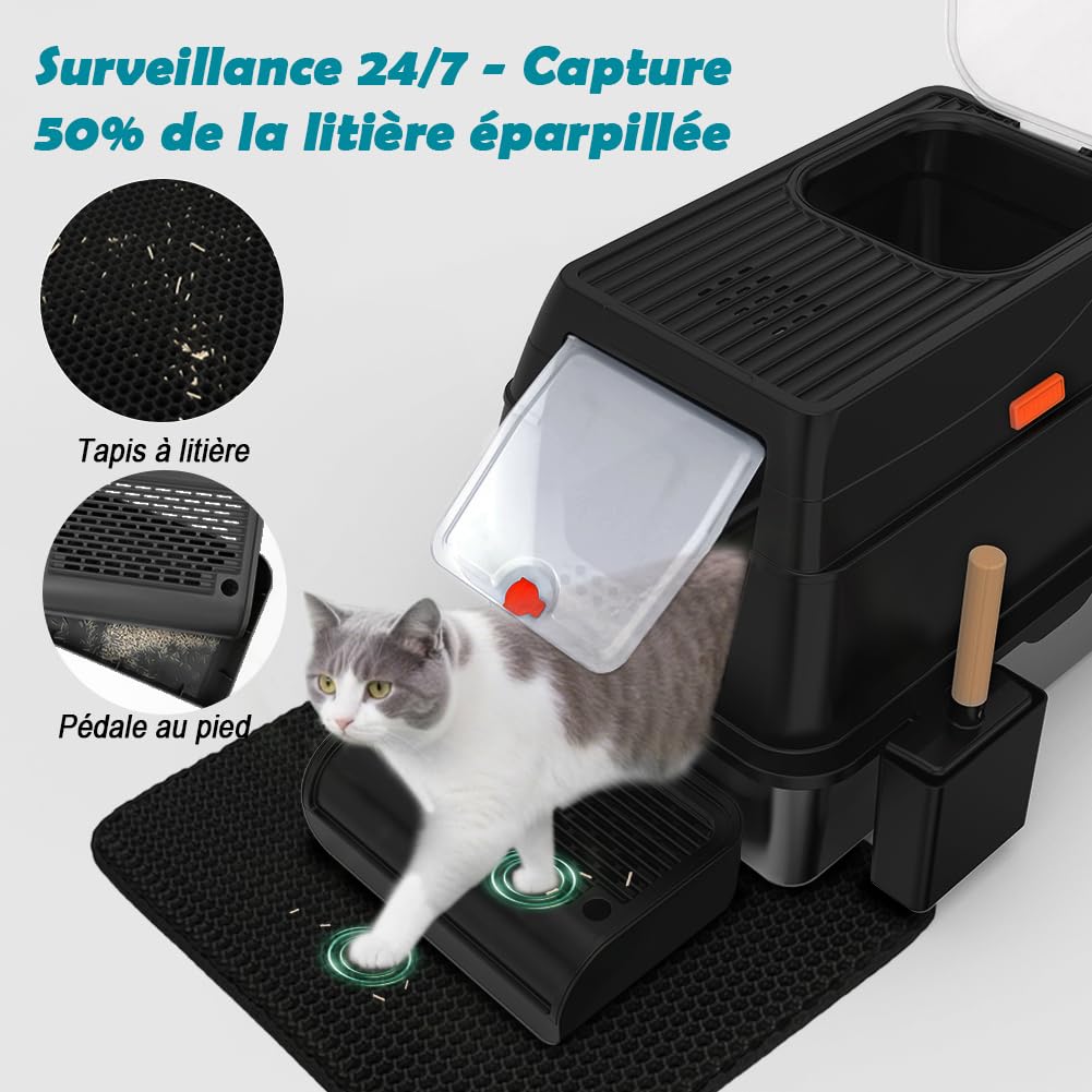 Bac Litiere pour Chat XL, Litière en Acier Inoxydable avec Couvercle, Bac Litiere pour Chat, Cat Litter Box, Pelle+Tapis+Marchepied- 60x40x39,5 cm (Noir)