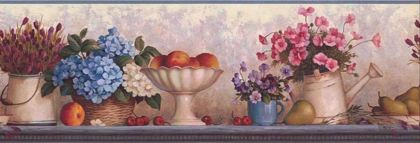CONCORD WALLCOVERINGS ™ Artistic Floral Garden Wallpaper Border, Flowers Backyard, Beige Purple Pink Red, 8 Inches by 15 Feet KBE12591B