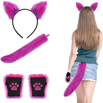 Faux Fur Cat Wolf Tail Ears Headband Paw Gloves Set for Women