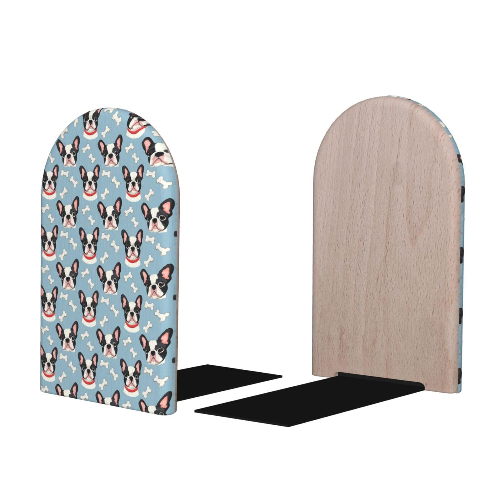 Cute French Bulldog Print Q BookEnds 1 Pair, Decorative Bookends for Heavy Books, Wood Book Ends for Shelves, Book Organizer for Home Desk Office Supplies
