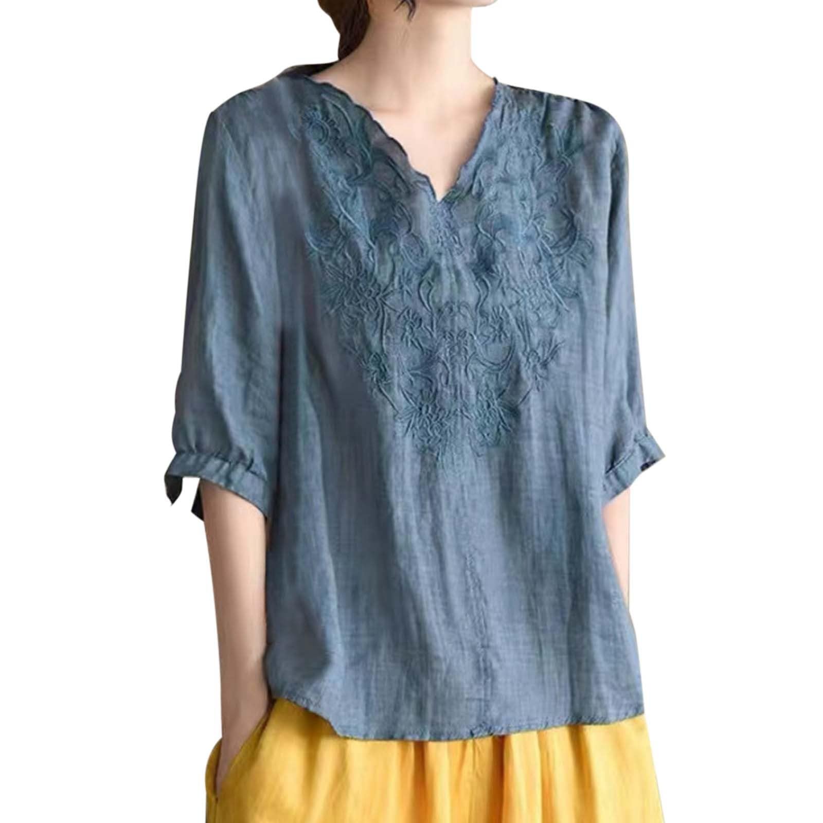 Women's V Neck Bohemian Style Gauze Blouses Shirt Boho Peasant Loose Fit Floral Graphic Embroidered Tunic Summer Tops