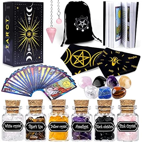 YixangDD Tarot Cards with Guide Book 18 Pcs Include 1 Deck of 78 Cards 、6 Mini Crystal Jars，7 Chakra Stones,1 Spirit Pendulum，1 Cloth ，1Goddess of Earth Pendulum mat，1 Velvet Bag Cover