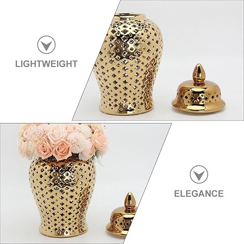 Miniatura 8 de Tarro de jengibre de cerámica con tapa celosía decorativo Temple Jar Cut Out Jarrón de cerámica para sala de estar y decoración de cocina dorado